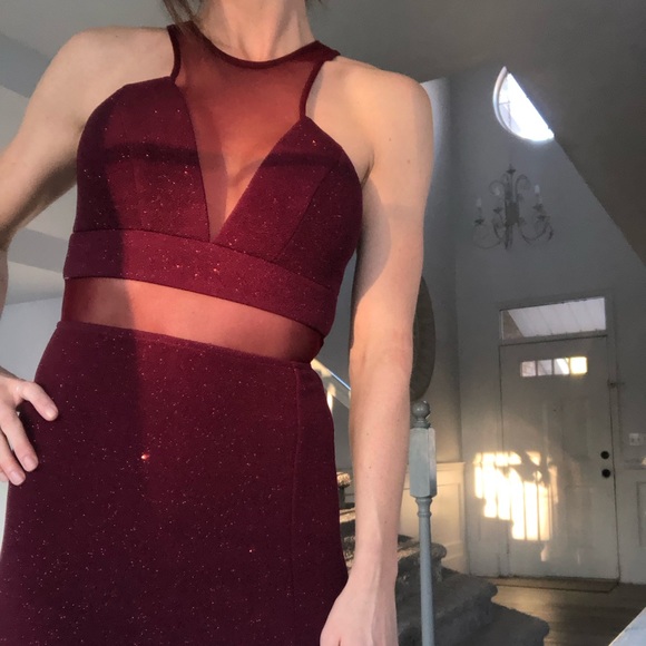 Deep Red Mesh Cut Out Formal Dress - Picture 8 of 11